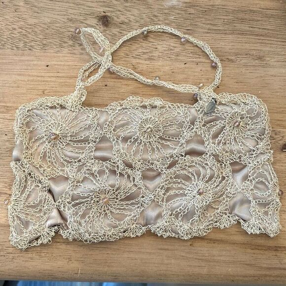 Vintage Lisa Toland Handmade crochet beige beaded purse, gorgeous, dainty Evenin - Picture 1 of 6